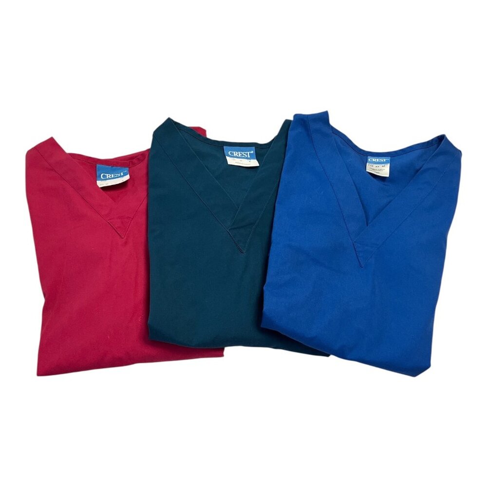Set of 3 Crest Unisex Scrub Tops – Size S – Red, Teal, Blue – 2-Pocket V-Neck Me